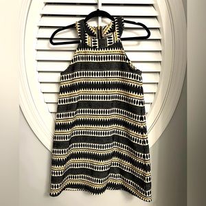 Judith March Gold Black Ivory Jacquard High Neck Tassel Shift Dress Women Size S